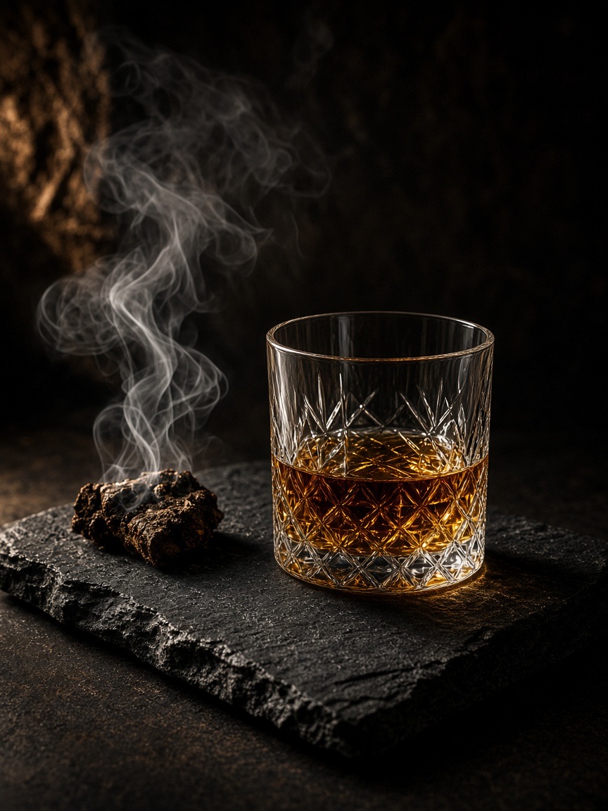 Product, whisky glass, peat smoke
